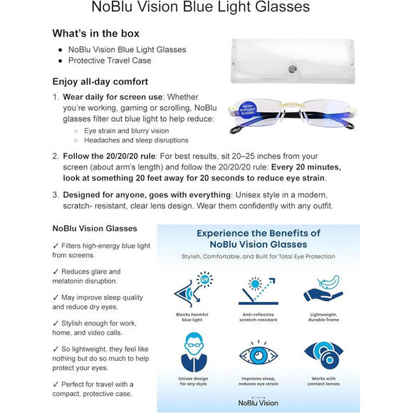Noblu Vision Bluelight Glasses for Men & Women Glasses, No Blue Light Glasses - Picture 4 of 7